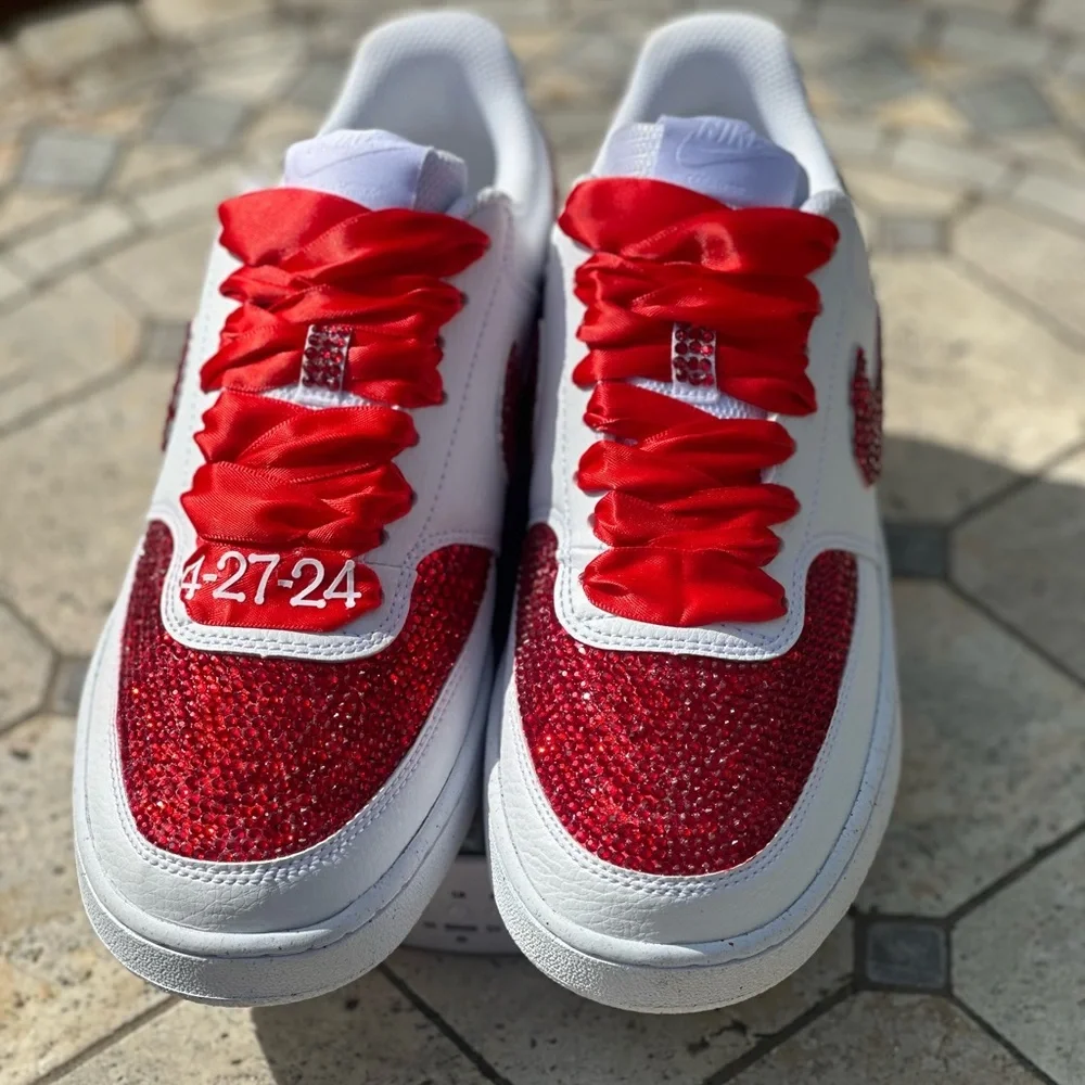Custom Red Bling Nike Court Vision Bling Sneakers, Rhinestone Wedding Shoes - Picture 4 of 9